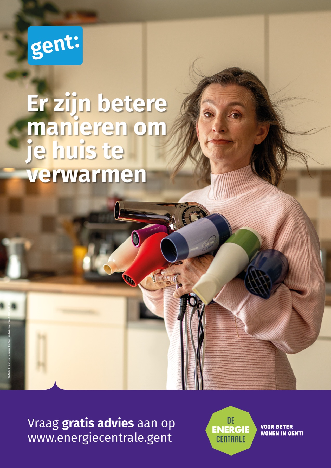 Campagnebeeld Stad Gent Energiecentrale met vrouw en haardrogers