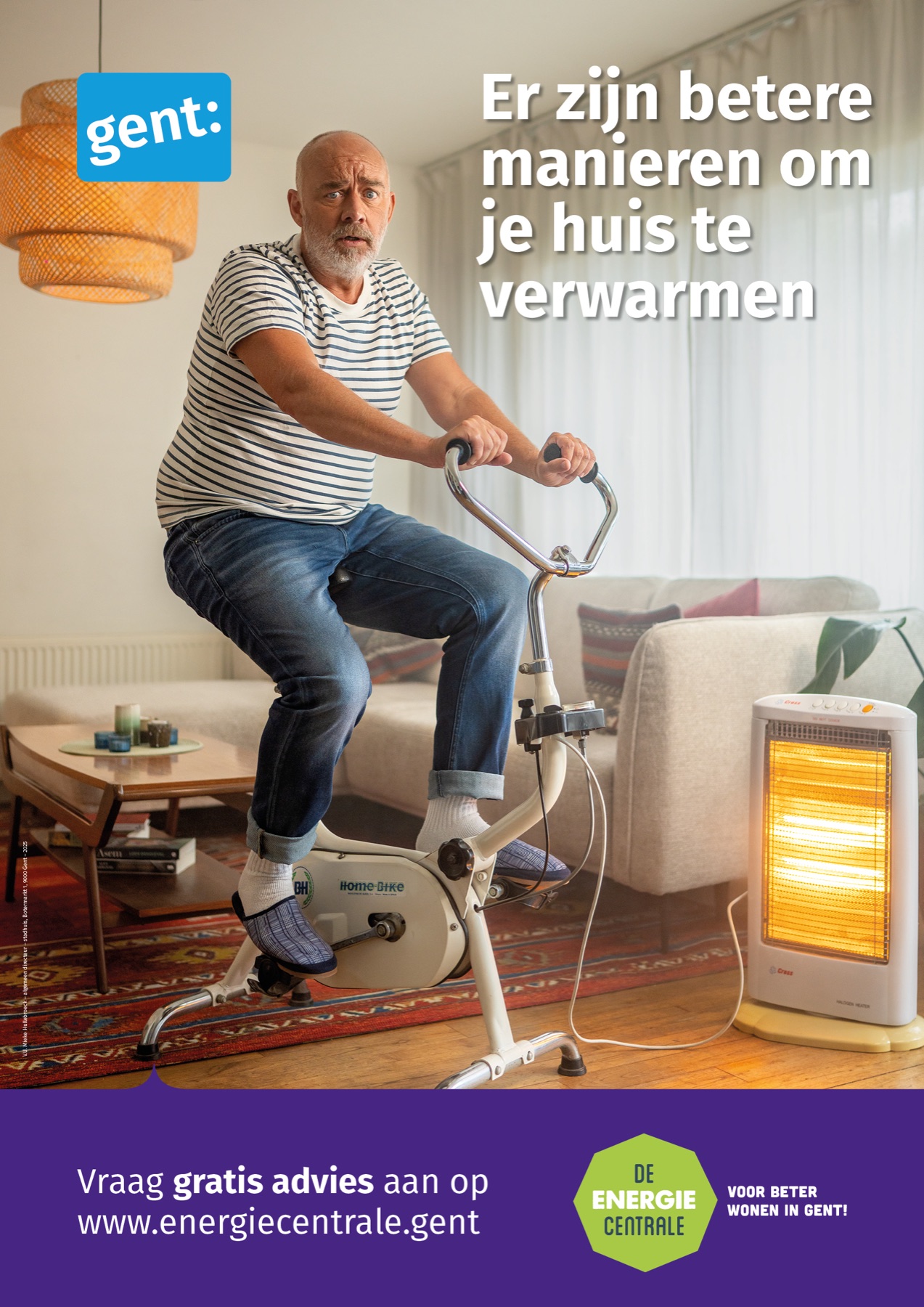 Campagnebeeld Stad Gent Energiecentrale met man op hometrainer