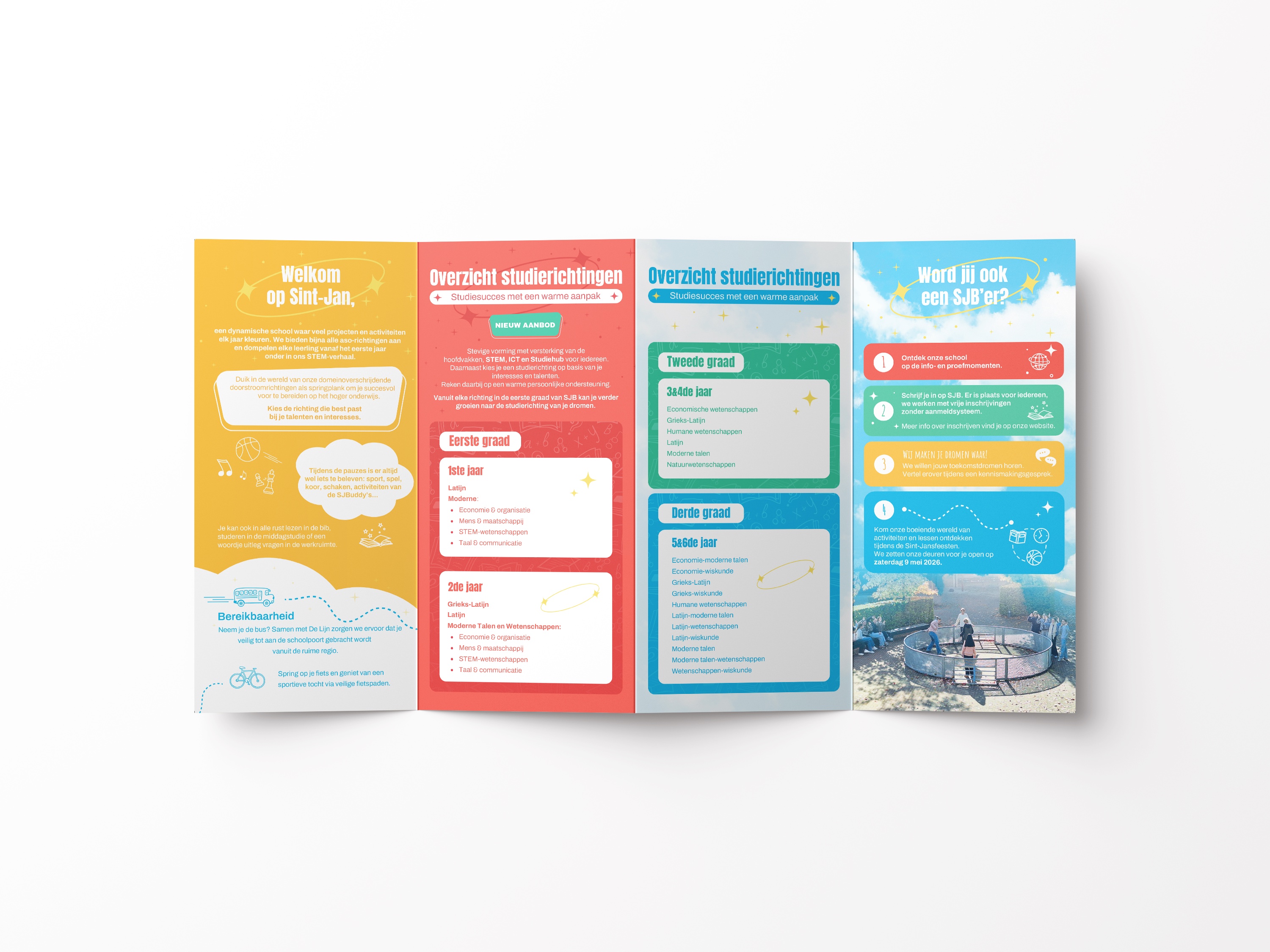 Binnenzijde van de SJB-flyer met studierichtingen en schoolinformatie